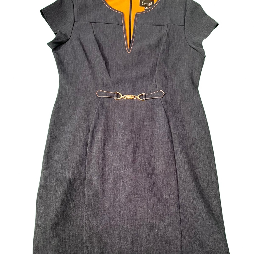 Elegant Denim Mimi Dress with Gold Accents and Flutter Sleeves NWOT